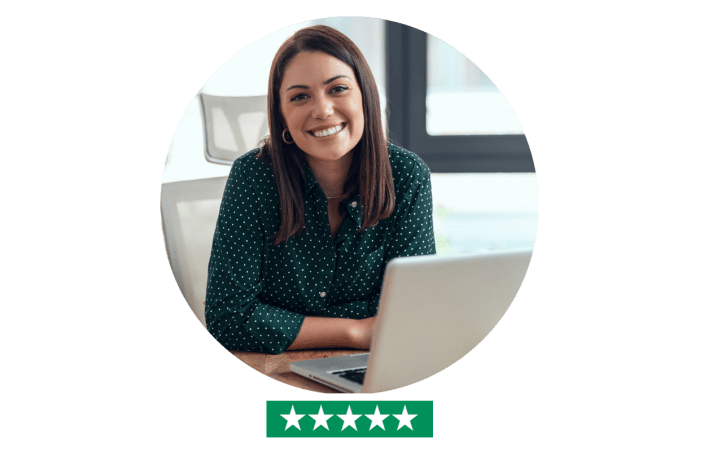 Woman home by computer - five star rating